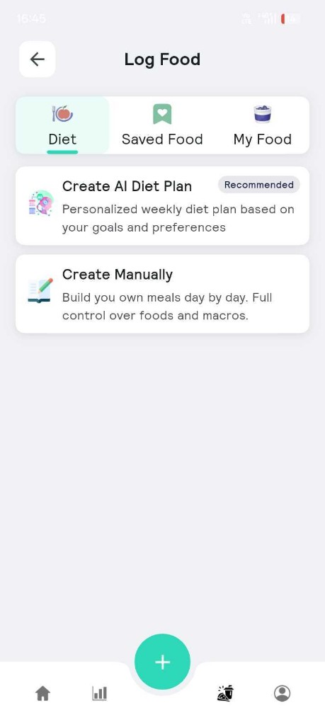 NutriverseAI - Log Food screen with Create AI Diet Plan and Create Manually options